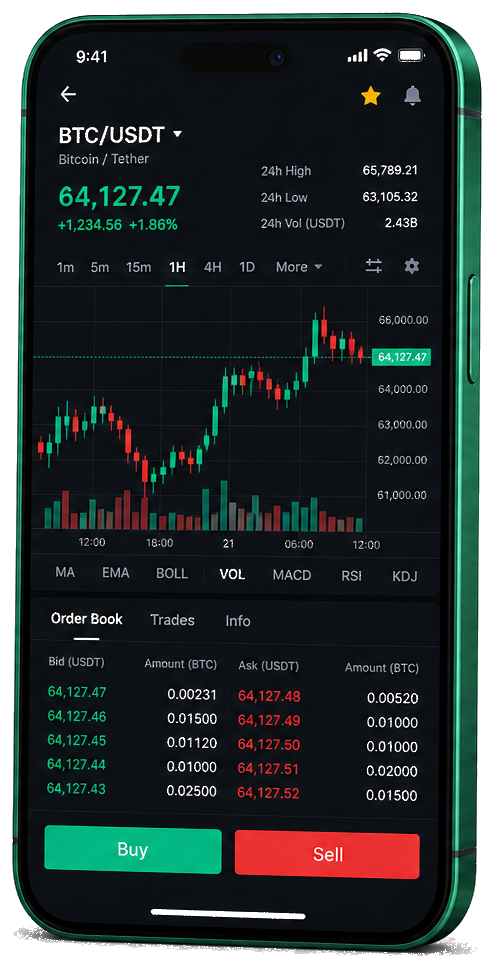Możny Skarbiton mobile trading platform — live BTC/USDT chart, order book and buy/sell interface